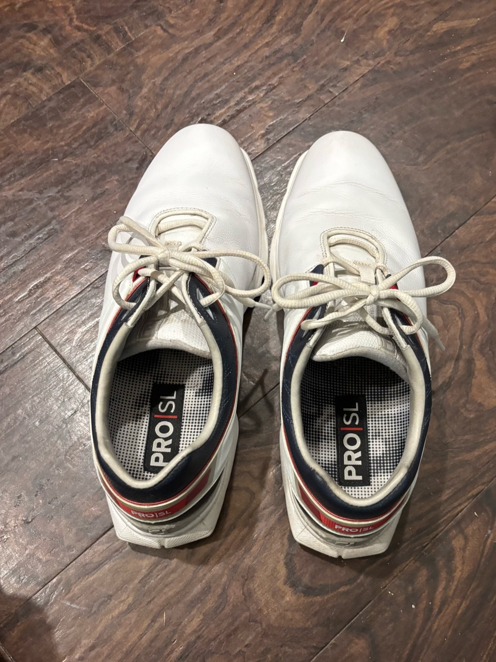 Men's White Golf Shoes with Navy & Red Trim